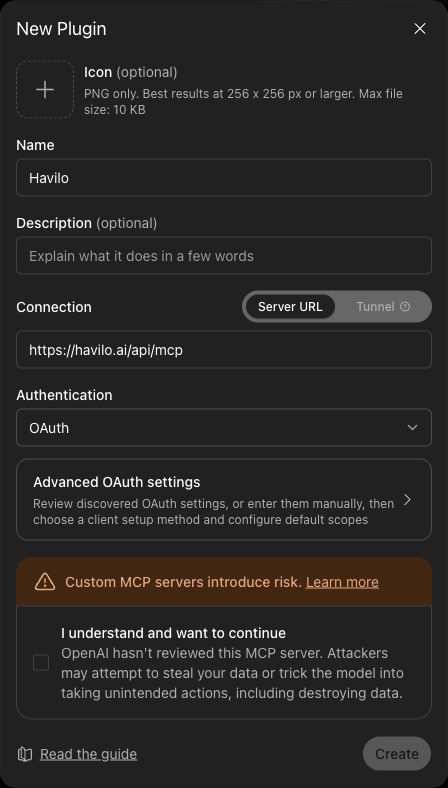 ChatGPT's New Plugin form with Havilo, https://havilo.ai/api/mcp, and OAuth selected.