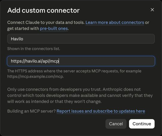 Claude's Add custom connector form with Havilo and https://havilo.ai/api/mcp entered.