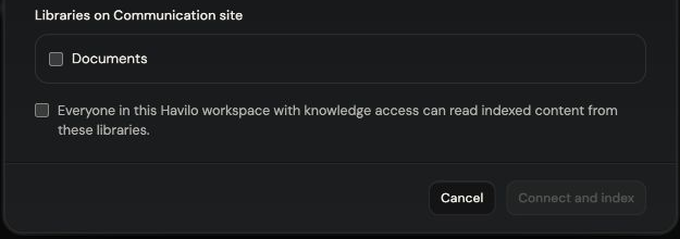 Select Documents, acknowledge workspace access, then connect and index.